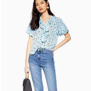 Zara Light Blue Floral Ruffle V-Neck Blouse